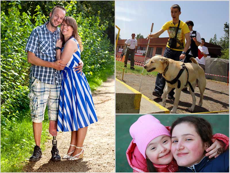 amputee and girlfriend, low-vison man with seeing eye dog, autistic girl and woman smiling